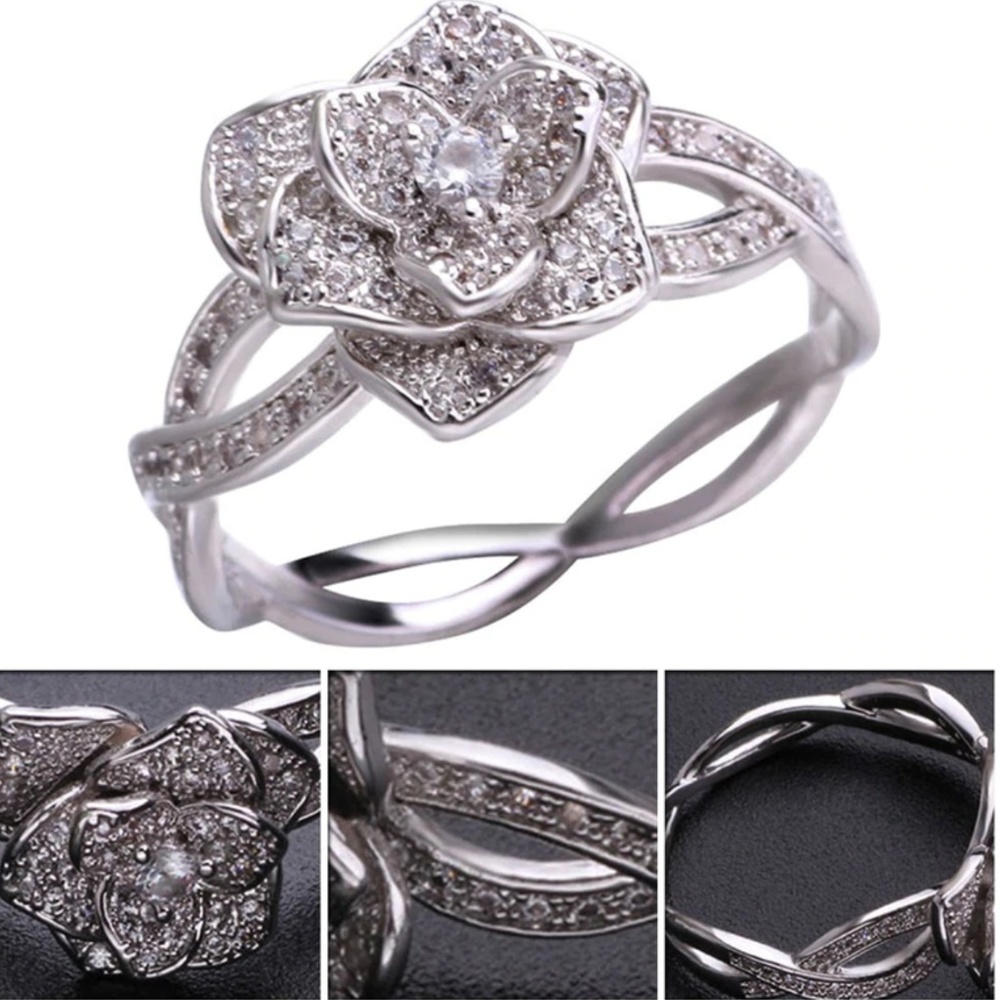 Diamond Crystal Flower Eternity Engagement Ring - Picture 7 of 8